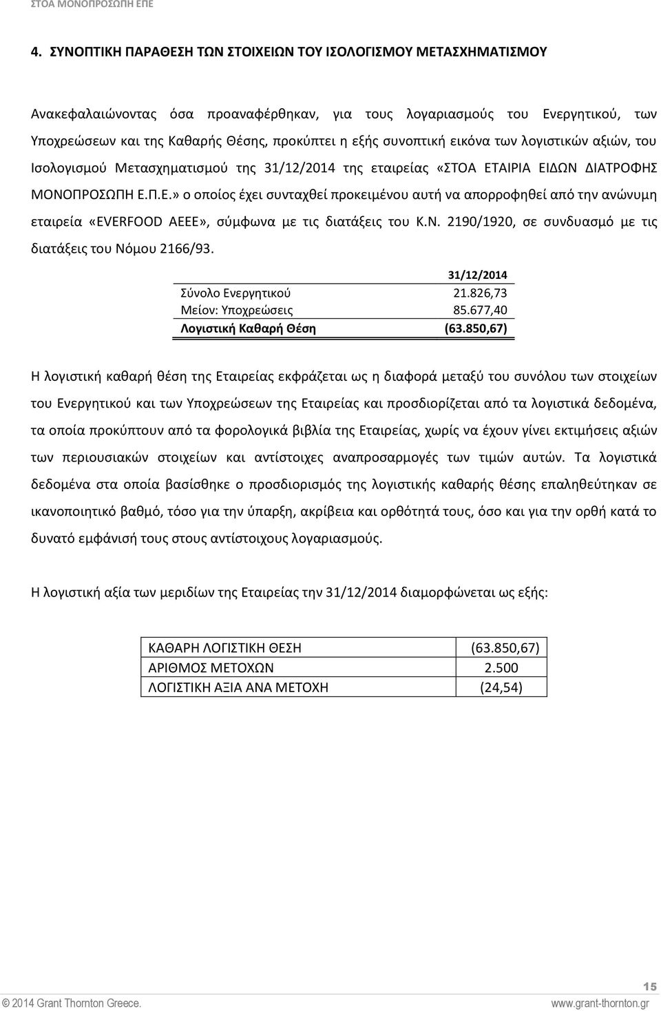 ΑΙΡΙΑ ΕΙΔΩΝ ΔΙΑΤΡΟΦΗΣ ΜΟΝΟΠΡΟΣΩΠΗ Ε.Π.Ε.» ο οποίος έχει συνταχθεί προκειμένου αυτή να απορροφηθεί από την ανώνυμη εταιρεία «EVERFOOD AEEΕ», σύμφωνα με τις διατάξεις του Κ.Ν. 2190/1920, σε συνδυασμό με τις διατάξεις του Νόμου 2166/93.