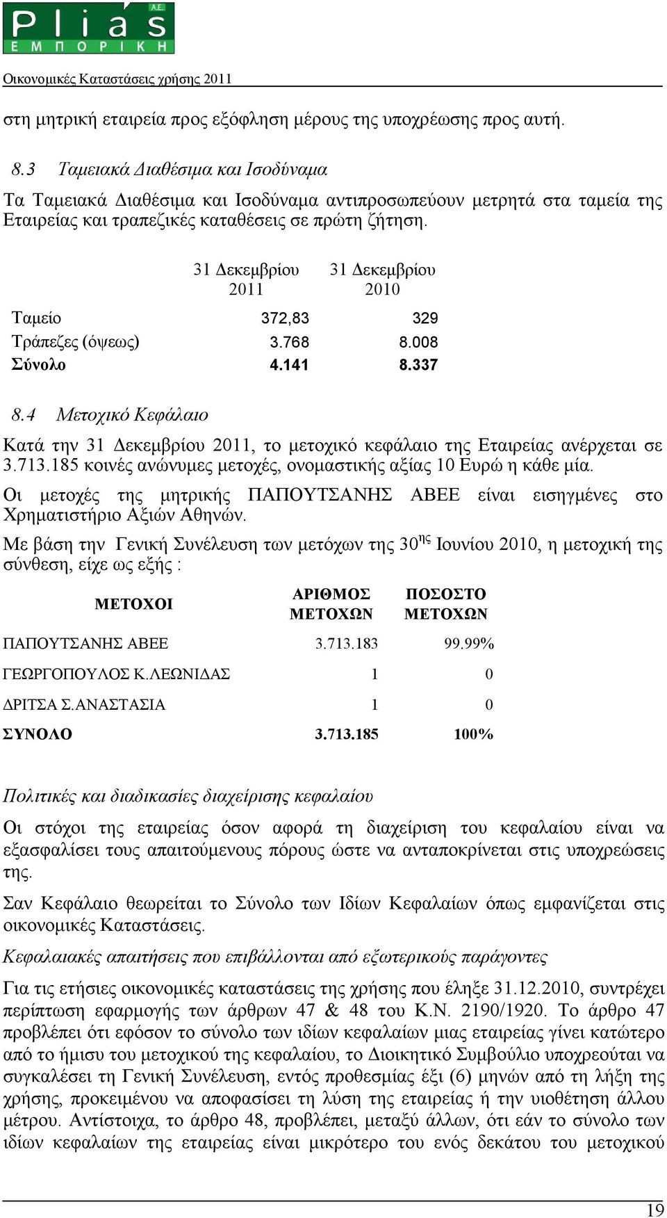 31 εκεµβρίου 2011 31 εκεµβρίου 2010 Ταµείο 372,83 329 Τράπεζες (όψεως) 3.768 8.008 Σύνολο 4.141 8.337 8.