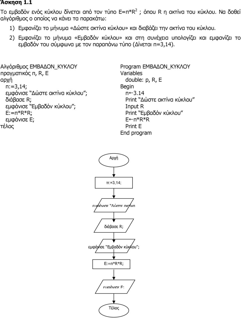 2) Εµφανίζει το µήνυµα «Εµβαδόν κύκλου» και στη συνέχεια υπολογίζει και εµφανίζει το εµβαδόν του σύµφωνα µε τον παραπάνω τύπο ( ίνεται π=3,14).