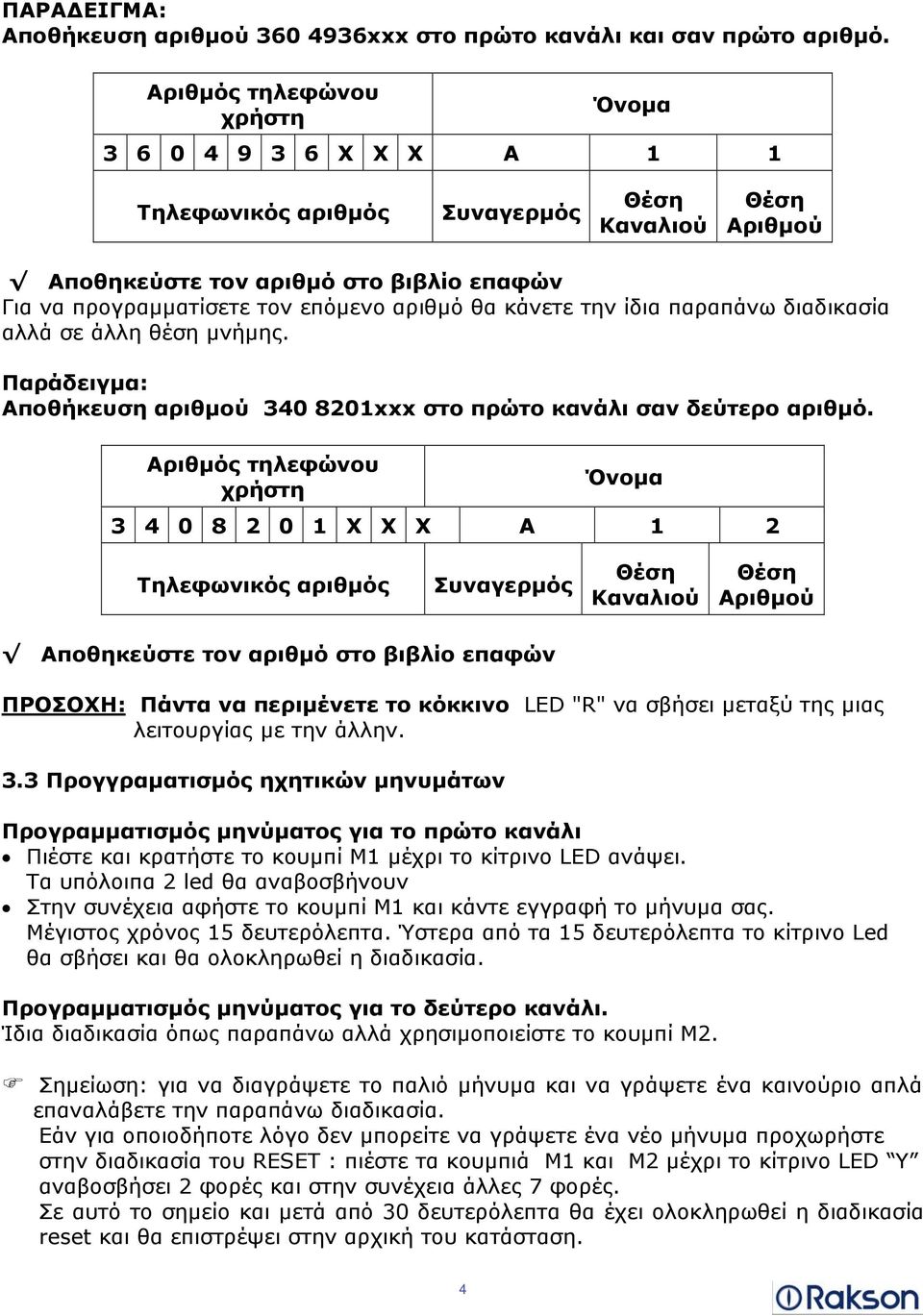 θα κάνετε την ίδια παραπάνω διαδικασία αλλά σε άλλη θέση μνήμης. Παράδειγμα: Αποθήκευση αριθμού 340 8201xxx στο πρώτο κανάλι σαν δεύτερο αριθμό.