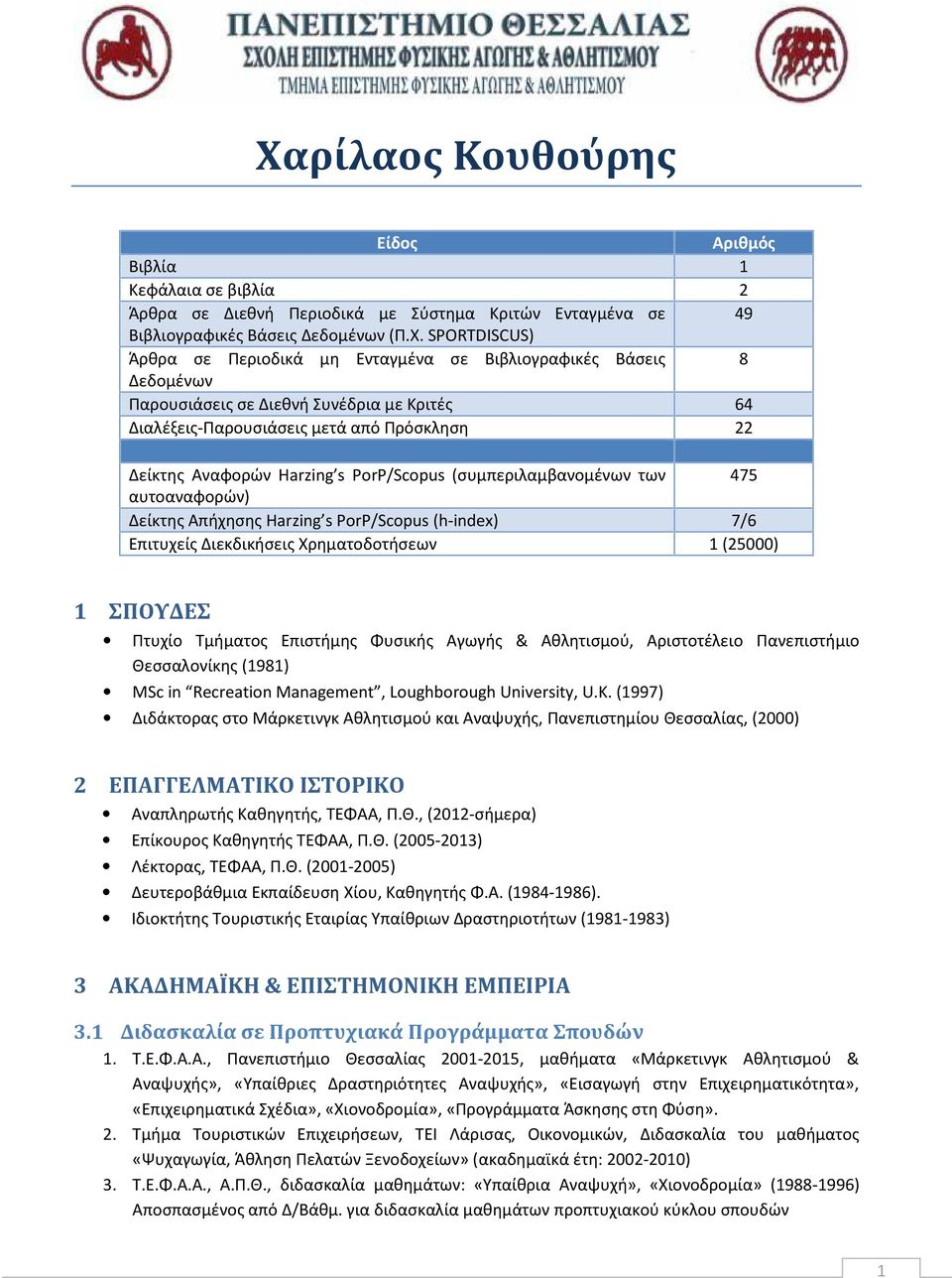 των 475 αυτοαναφορών) Δείκτης Απήχησης Harzing s PorP/Scopus (h-index) 7/6 Επιτυχείς Διεκδικήσεις Χρηματοδοτήσεων 1 (25000) 1 ΣΠΟΥΔΕΣ Πτυχίο Τμήματος Επιστήμης Φυσικής Αγωγής & Αθλητισμού,
