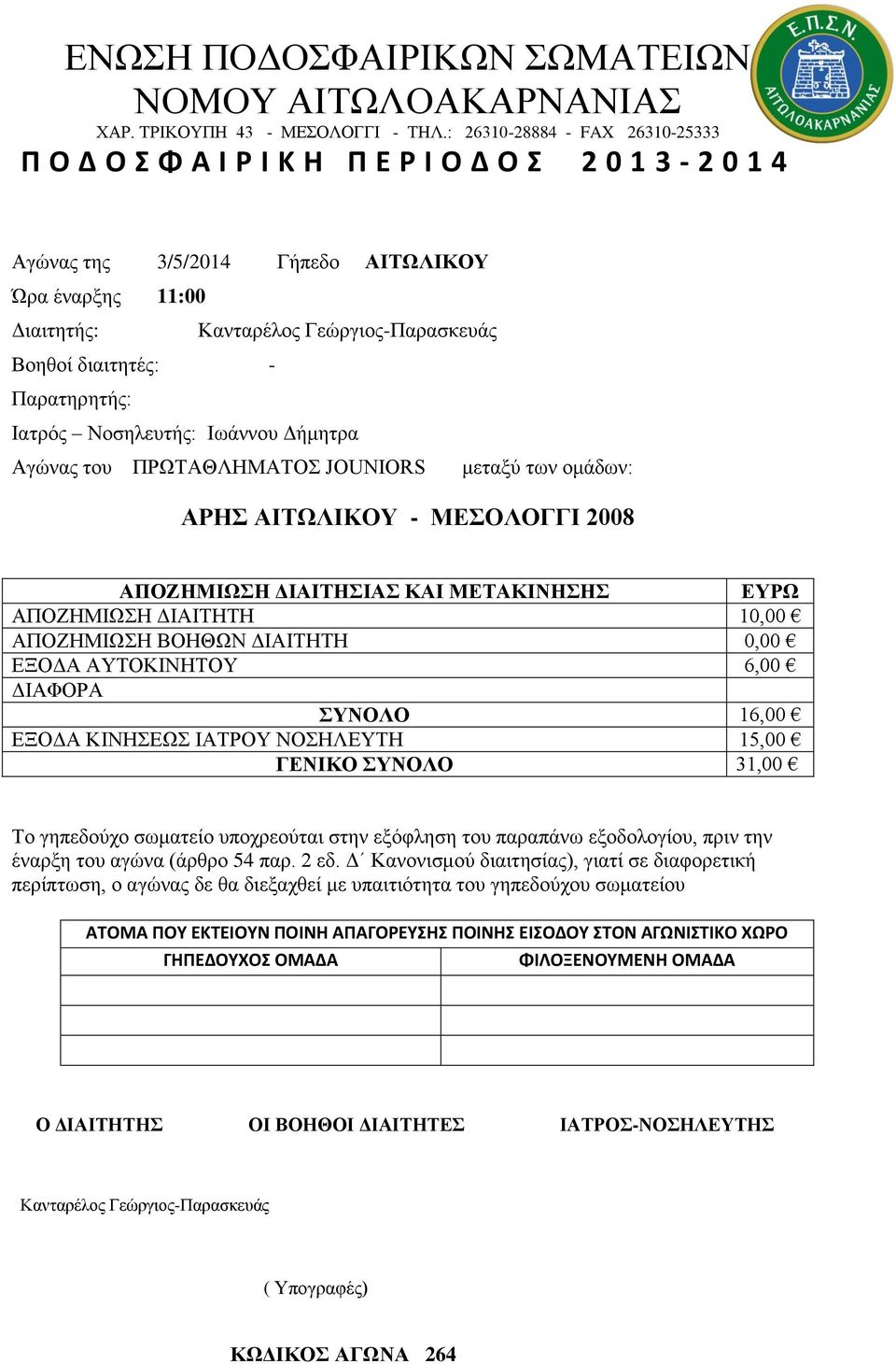 ΜΕΣΟΛΟΓΓΙ 2008 ΕΞΟΔΑ ΑΥΤΟΚΙΝΗΤΟΥ 6,00 ΣΥΝΟΛΟ 16,00 ΕΞΟΔΑ ΚΙΝΗΣΕΩΣ