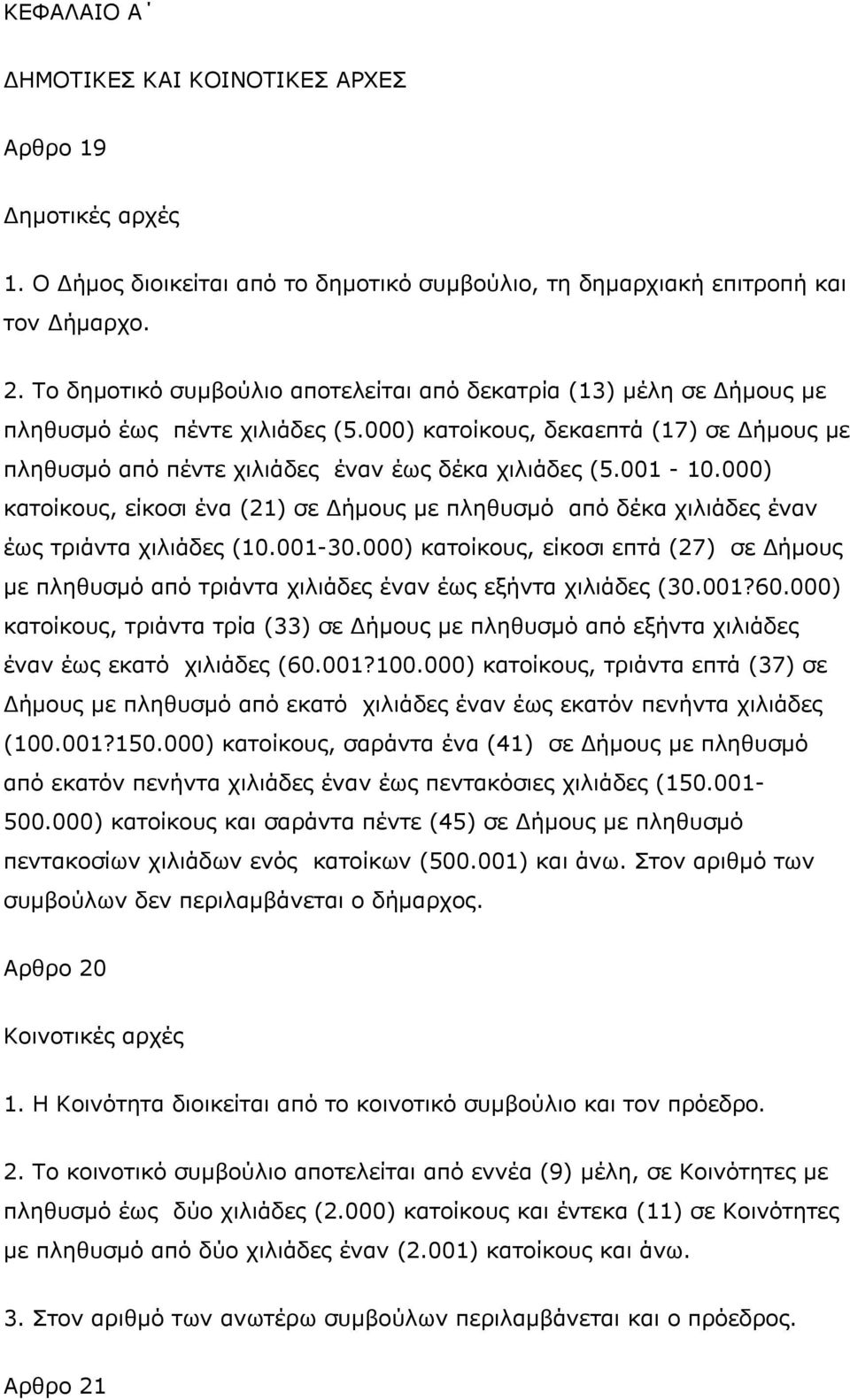 001-10.000) κατοίκους, είκοσι ένα (21) σε Δήμους με πληθυσμό από δέκα χιλιάδες έναν έως τριάντα χιλιάδες (10.001-30.