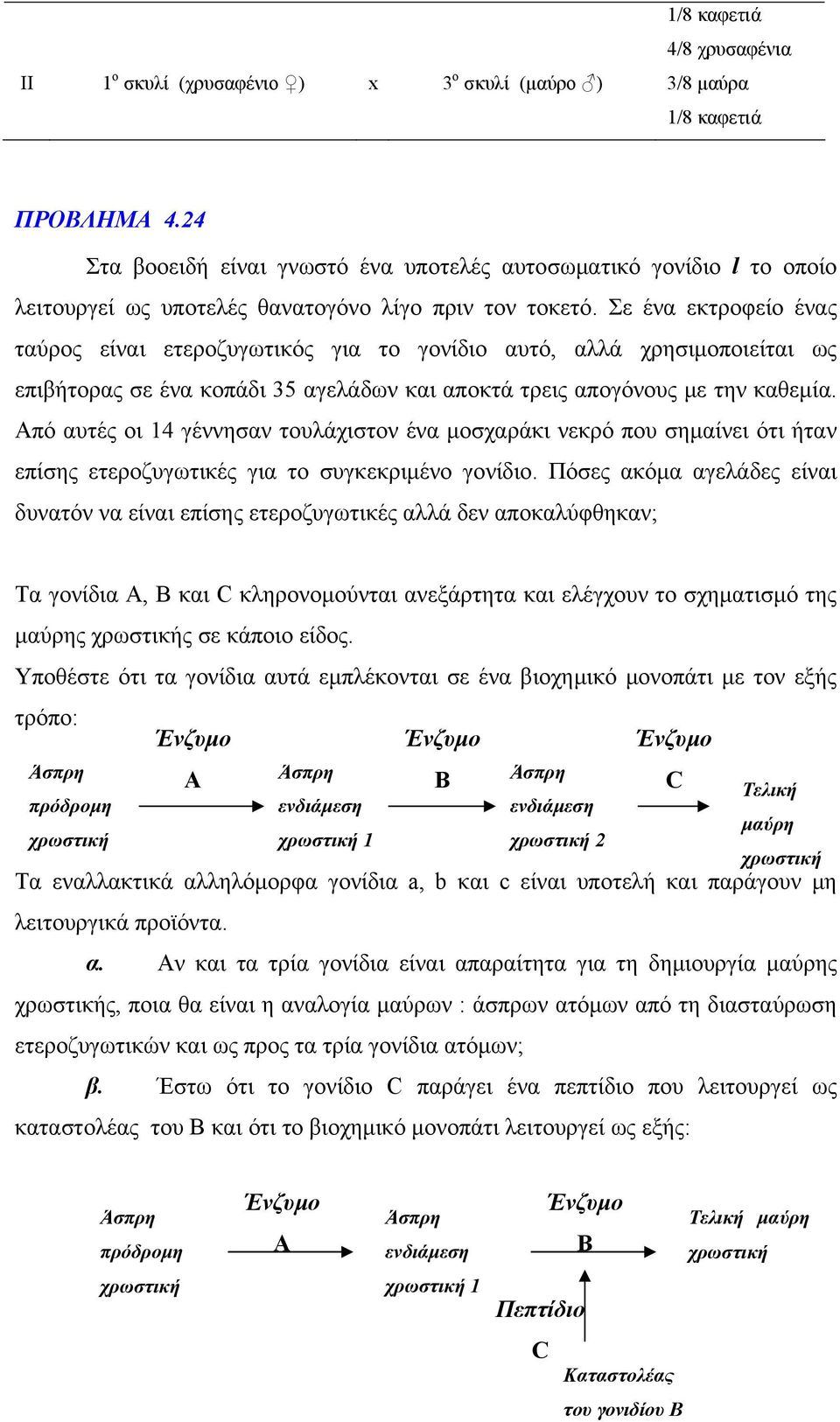 Σε ένα εκτροφείο ένας ταύρος είναι ετεροζυγωτικός για το γονίδιο αυτό, αλλά χρησιμοποιείται ως επιβήτορας σε ένα κοπάδι 35 αγελάδων και αποκτά τρεις απογόνους με την καθεμία.