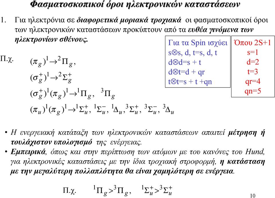 Π.χ. ( π ( σ ( σ ( π ( π ( π Π Π Π Για τα Spin ισχύει d t d t dd t dtd qr tt t qn Η ενεργειακή κατάταξη των ηλεκτρονικών καταστάσεων απαιτεί µέτρηση ή