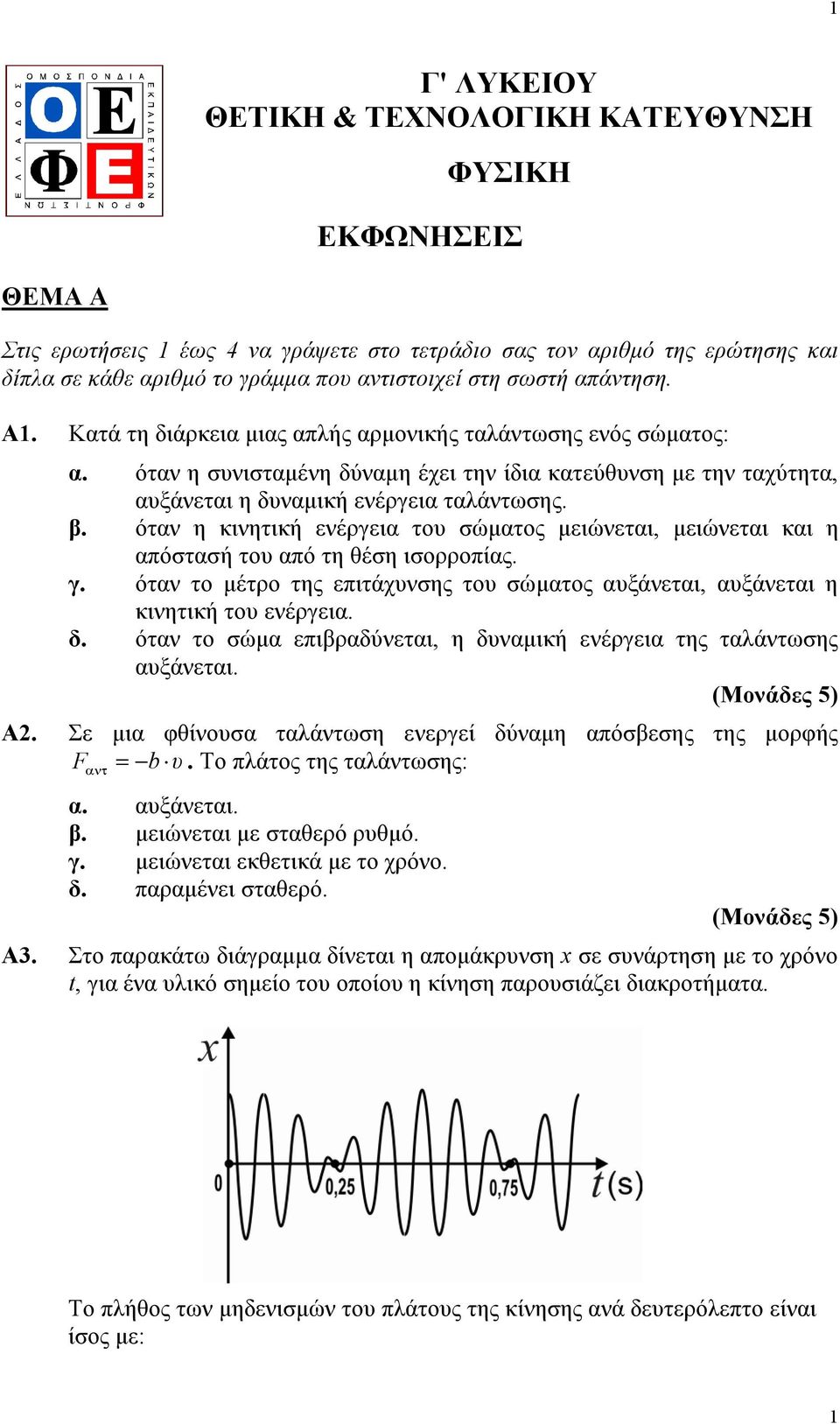 όταν η κινητική ενέργεια του σώµατος µειώνεται, µειώνεται και η αόστασή του αό τη θέση ισορροίας. γ. όταν το µέτρο της ειτάχυνσης του σώµατος αυξάνεται, αυξάνεται η κινητική του ενέργεια. δ.