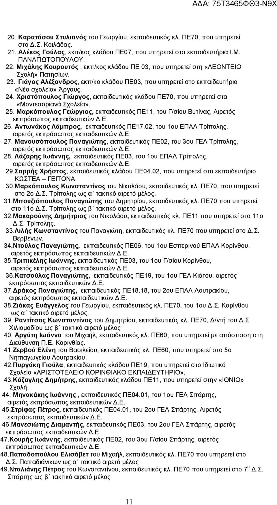 Χριστόπουλος Γιώργος, εκπαιδευτικός κλάδου ΠΕ70, που υπηρετεί στα «Μοντεσοριανά Σχολεία». 25. Μαρκόπουλος Γεώργιος, εκπαιδευτικός ΠΕ11, του Γ/σίου Βυτίνας, Αιρετός 26.