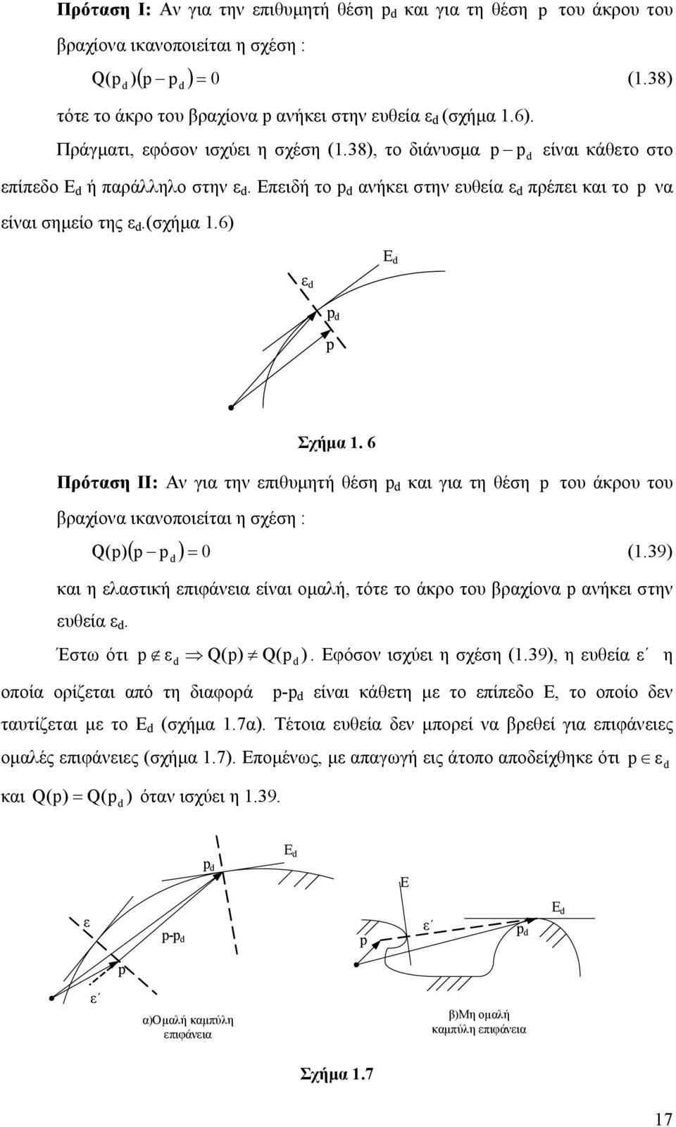 6 Πρόταση ΙΙ: Αν για την επιθυµητή θέση και για τη θέση του άκρου του βραχίονα ικανοποιείται η σχέση : ( Q( (.9 και η ελαστική επιφάνεια είναι οµαλή, τότε το άκρο του βραχίονα ανήκει στην ευθεία ε.