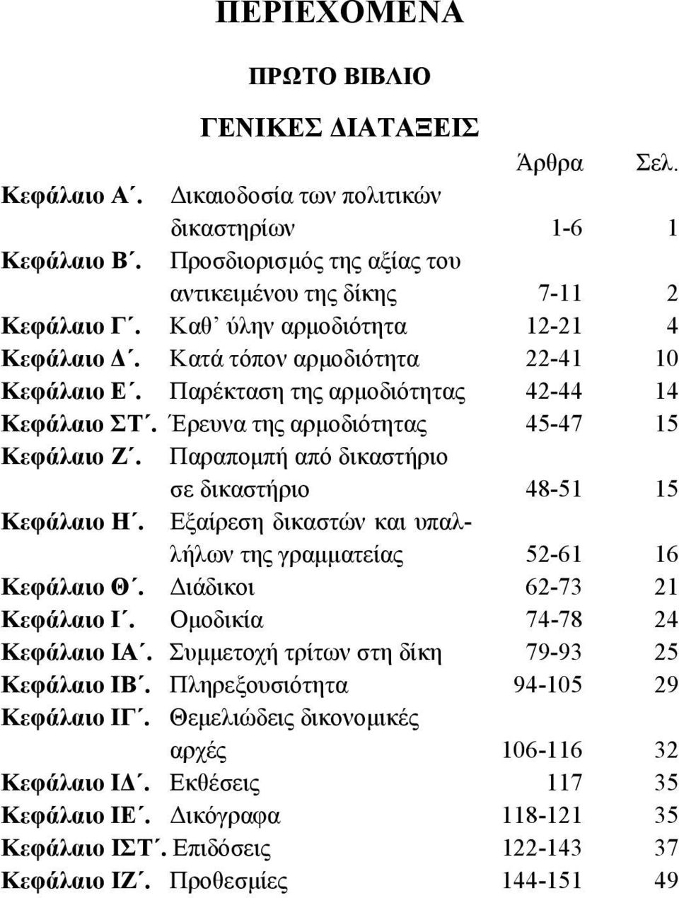 Παραπομπή από δικαστήριο σε δικαστήριο 48-51 15 Κεφάλαιο Η. Εξαίρεση δικαστών και υπαλλήλων της γραμματείας 52-61 16 Κεφάλαιο Θ. Διάδικοι 62-73 21 Κεφάλαιο I. Ομοδικία 74-78 24 Κεφάλαιο ΙΑ.