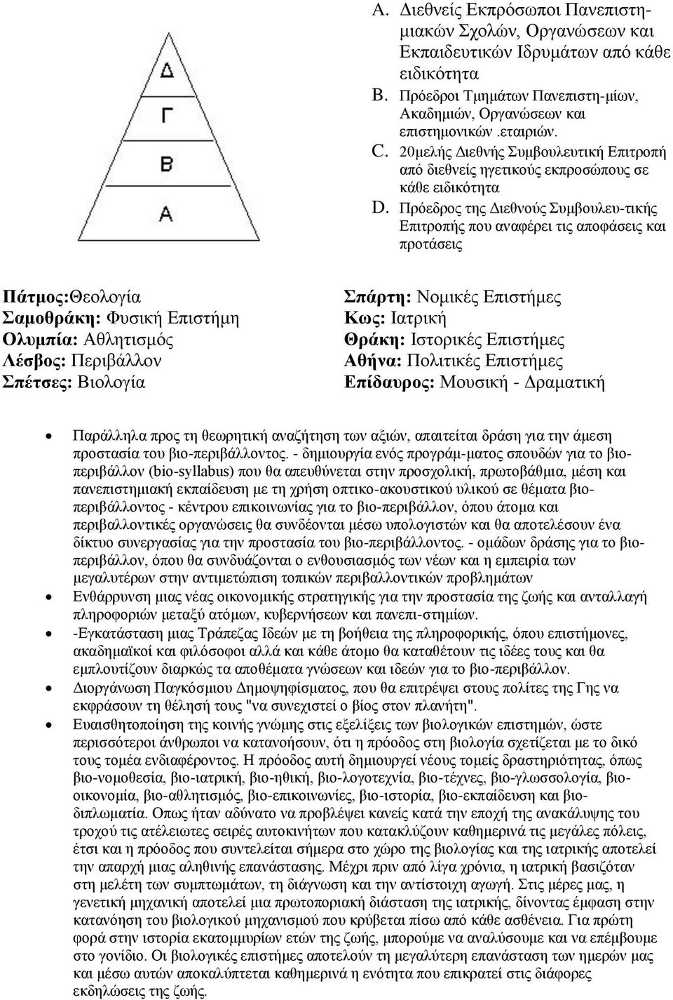 Πρόεδρος της Διεθνούς Συμβουλευ-τικής Επιτροπής που αναφέρει τις αποφάσεις και προτάσεις Πάτμος:Θεολογία Σαμοθράκη: Φυσική Επιστήμη Ολυμπία: Αθλητισμός Λέσβος: Περιβάλλον Σπέτσες: Βιολογία Σπάρτη: