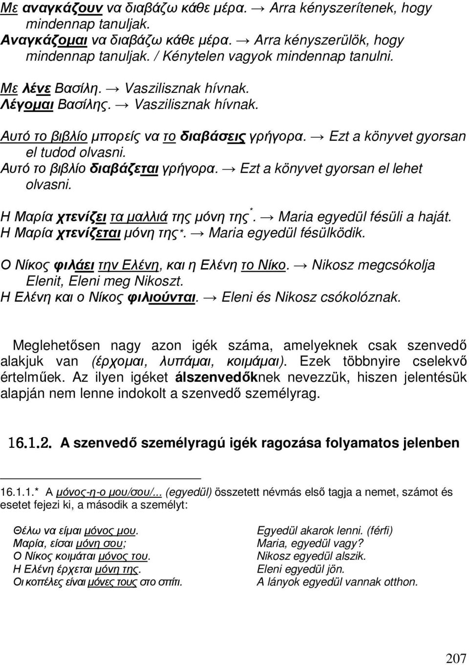 Ezt a könyvet gyorsan el lehet olvasni. Η Μαρία χτενίζει τα µαλλιά της µόνη της *. Maria egyedül fésüli a haját. Η Μαρία χτενίζεται µόνη της*. Maria egyedül fésülködik.