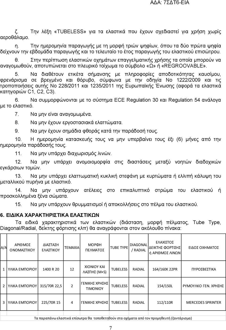 Στην περίπτωση ελαστικών οχημάτων επαγγελματικής χρήσης τα οποία μπορούν να αναγομωθούν, αποτυπώνεται στο πλευρικό τοίχωμα το σύμβολο «Ω» ή «REGROOVABLE». 5.