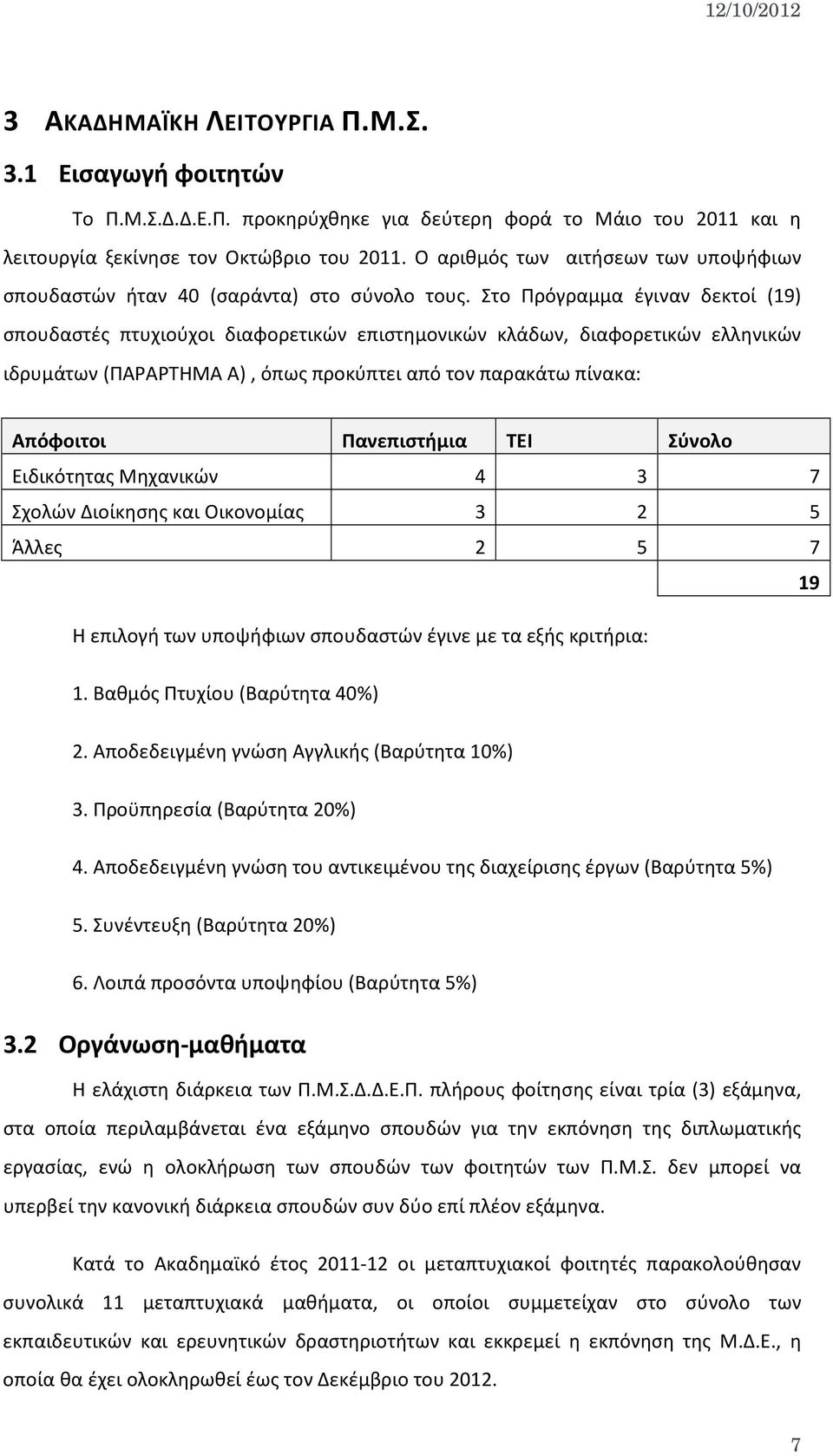 Στο Πρόγραμμα έγιναν δεκτοί (19) σπουδαστές πτυχιούχοι διαφορετικών επιστημονικών κλάδων, διαφορετικών ελληνικών ιδρυμάτων (ΠΑΡΑΡΤΗΜΑ Α), όπως προκύπτει από τον παρακάτω πίνακα: Απόφοιτοι