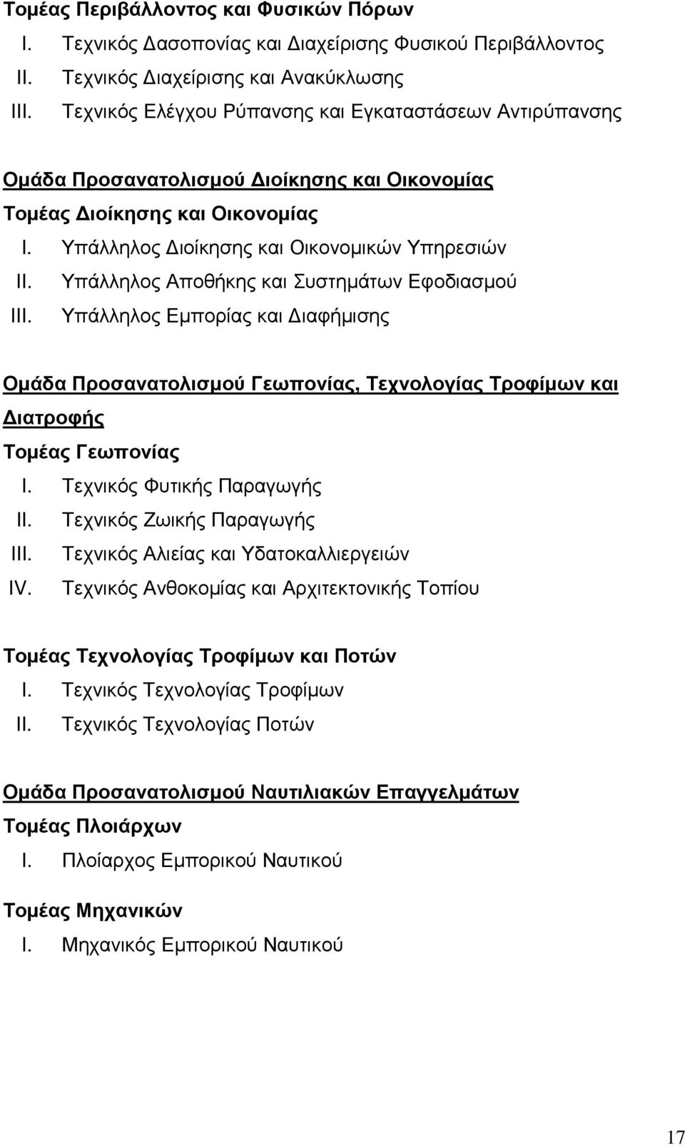 Υπάλληλος Αποθήκης και Συστηµάτων Εφοδιασµού III. Υπάλληλος Εµπορίας και ιαφήµισης Οµάδα Προσανατολισµού Γεωπονίας, Τεχνολογίας Τροφίµων και ιατροφής Τοµέας Γεωπονίας I. Τεχνικός Φυτικής Παραγωγής II.