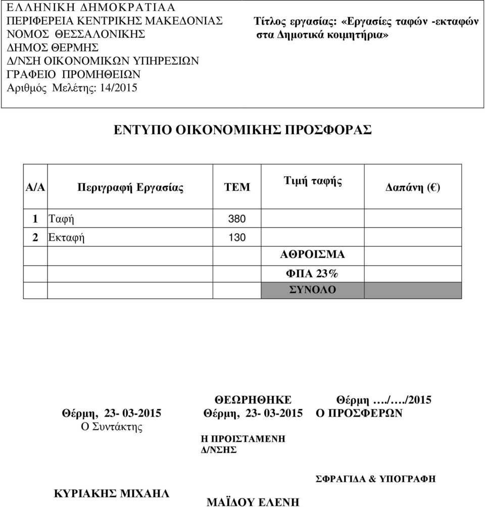 23% ΣΥΝΟΛΟ Ο Συντάκτης H ΠΡΟΙΣΤΑΜΕΝΗ /Ν