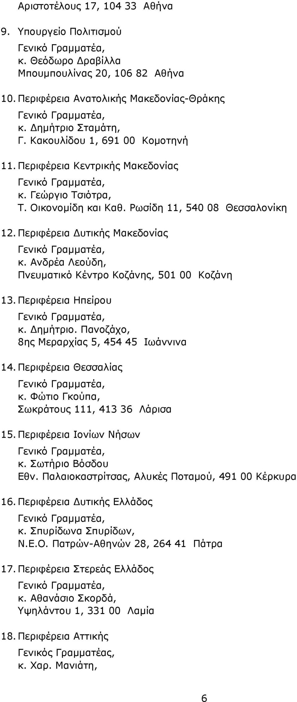 Ανδρέα Λεούδη, Πνευματικό Κέντρο Κοζάνης, 501 00 Κοζάνη 13. Περιφέρεια Ηπείρου κ. Δημήτριο. Πανοζάχο, 8ης Μεραρχίας 5, 454 45 Ιωάννινα 14. Περιφέρεια Θεσσαλίας κ.