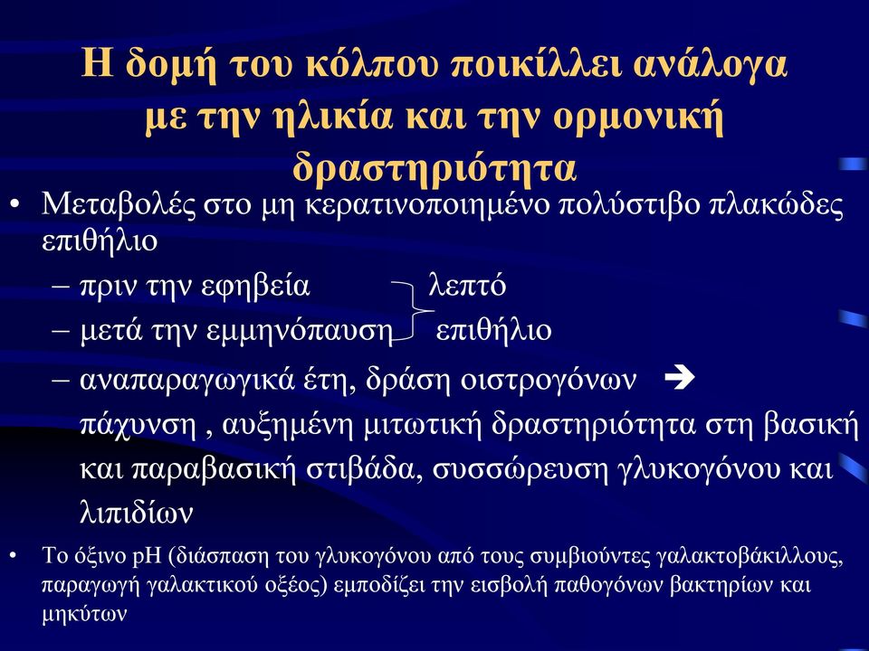 αυξημένη μιτωτική δραστηριότητα στη βασική και παραβασική στιβάδα, συσσώρευση γλυκογόνου και λιπιδίων Το όξινο ph (διάσπαση