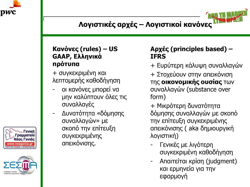 Αρχές (principles based) IFRS + Ευρύτερη κάλυψη συναλλαγών + Στοχεύουν στην απεικόνιση της οικονομικής ουσίας των συναλλαγών (substance over form) +