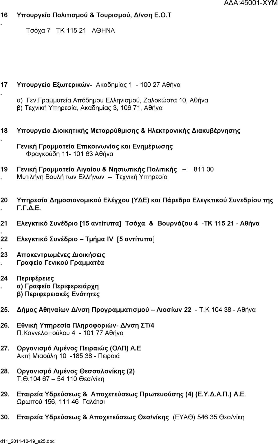 Γραμματεία Αιγαίου & Νησιωτικής Πολιτικής 811 00 Μυτιλήνη Βουλή των Ελλήνων Τεχνική Υπηρεσία 20 21 22 23 24 Υπηρεσία Δημοσιονομικού Ελέγχου (ΥΔΕ) και Πάρεδρο Ελεγκτικού Συνεδρίου της ΓΓΔΕ Ελεγκτικό