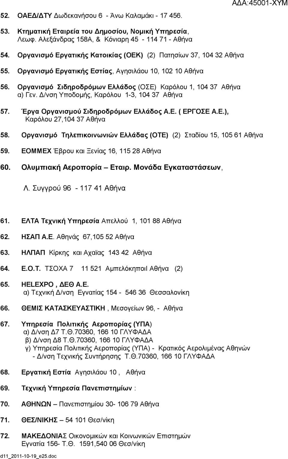 37 Αθήνα 57 Έργα Οργανισμού Σιδηροδρόμων Ελλάδος ΑΕ ( ΕΡΓΟΣΕ ΑΕ), Καρόλου 27,104 37 Αθήνα 58 Οργανισμό Τηλεπικοινωνιών Ελλάδας (ΟΤΕ) (2) Σταδίου 15, 105 61 Αθήνα 59 ΕΟΜΜΕΧ Έβρου και Ξενίας 16, 115 28