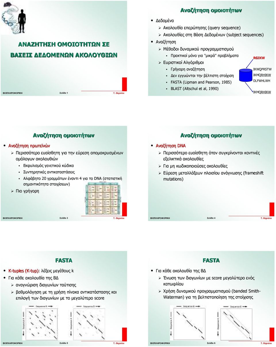 RGIKW IKWQPRSTW IKMQRHIKW DLFWHLWH IKMQRHIKW Αναζήτηση πρωτεϊνών Αναζήτηση οµοιοτήτων Περισσότερο ευαίσθητη για την εύρεση αποµακρυσµένων οµόλογων ακολουθιών Εκφυλισµός γενετικού κώδικα Συντηρητικές
