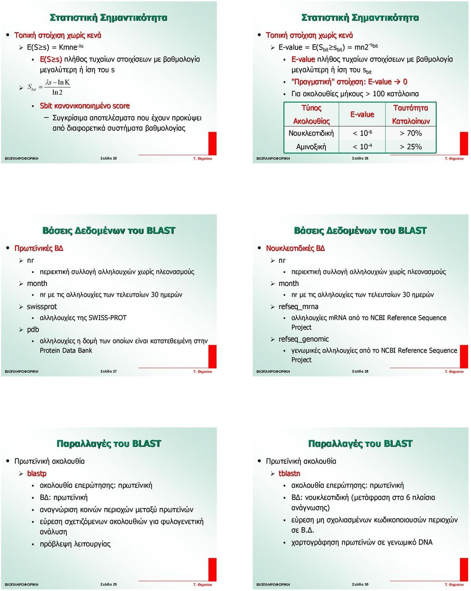 "Πραγµατική" στοίχιση: E-value 0 Για ακολουθίες µήκους > 100 κατάλοιπα Τύπος Ακολουθίας E-value Ταυτότητα Καταλοίπων Νουκλεοτιδική < 10-6 > 70% Αµινοξική < 10-4 > 25% Σελίδα 25 Σελίδα 26 Βάσεις
