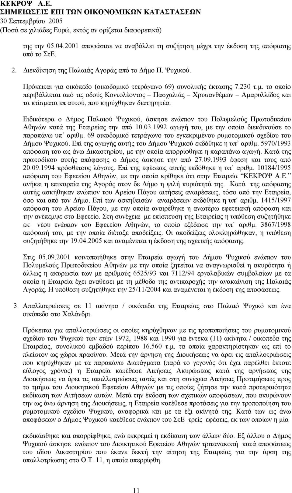 Ειδικότερα ο Δήμος Παλαιού Ψυχικού, άσκησε ενώπιον του Πολυμελούς Πρωτοδικείου Αθηνών κατά της Εταιρείας την από 10.03.1992 αγωγή του, με την οποία διεκδικούσε το παραπάνω υπ αριθμ.