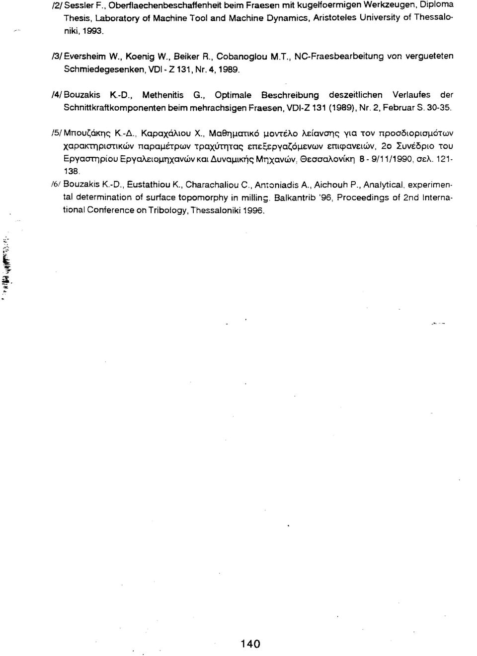 , Optimale Beschreibung deszeitlichen Verlaufes der Schnitt kraft komponenten beim mehrachsigen Fraesen, VDi-Z 131 (1989), Nr. 2, Februar S. 30-35. /5/Μπουζάκης Κ.-Δ., Καραχάλιου X.