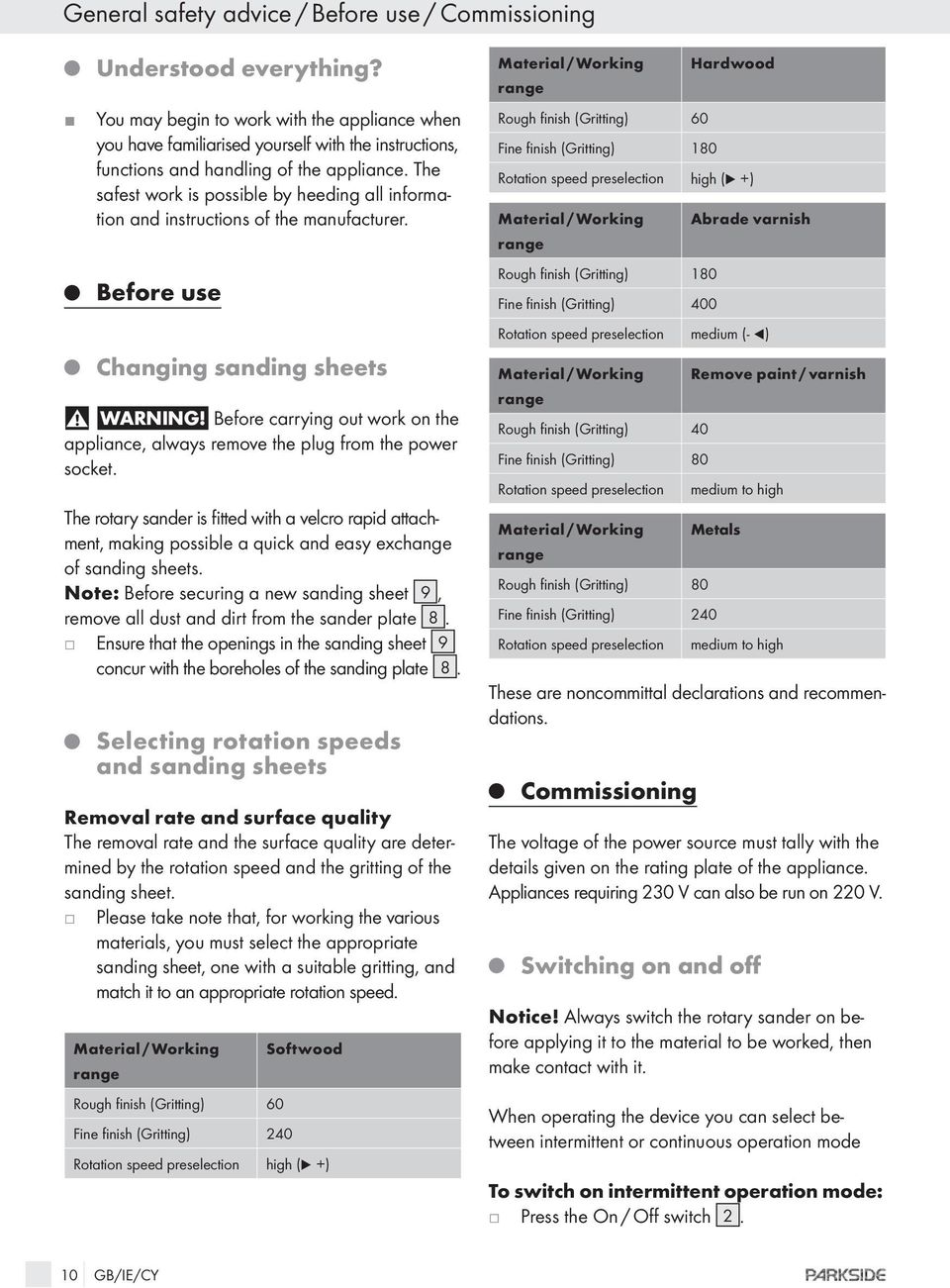 The safest work is possible by heeding all information and instructions of the manufacturer. Q Before use Q Changing sanding sheets Warning!