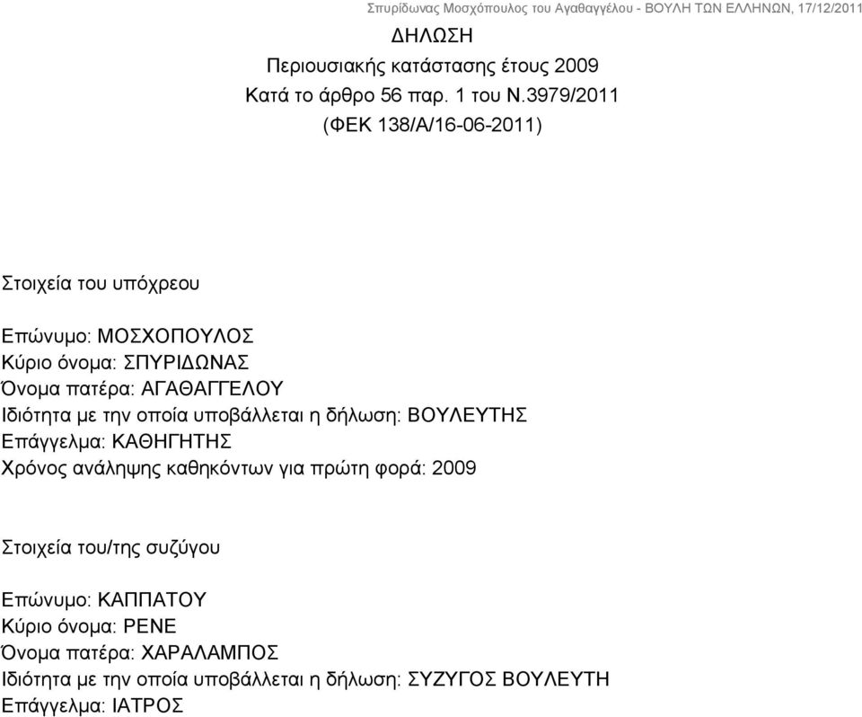 ΑΓΑΘΑΓΓΕΛΟΥ Ιδιότητα με την οποία υποβάλλεται η δήλωση: ΒΟΥΛΕΥΤΗΣ Επάγγελμα: ΚΑΘΗΓΗΤΗΣ Χρόνος ανάληψης καθηκόντων για