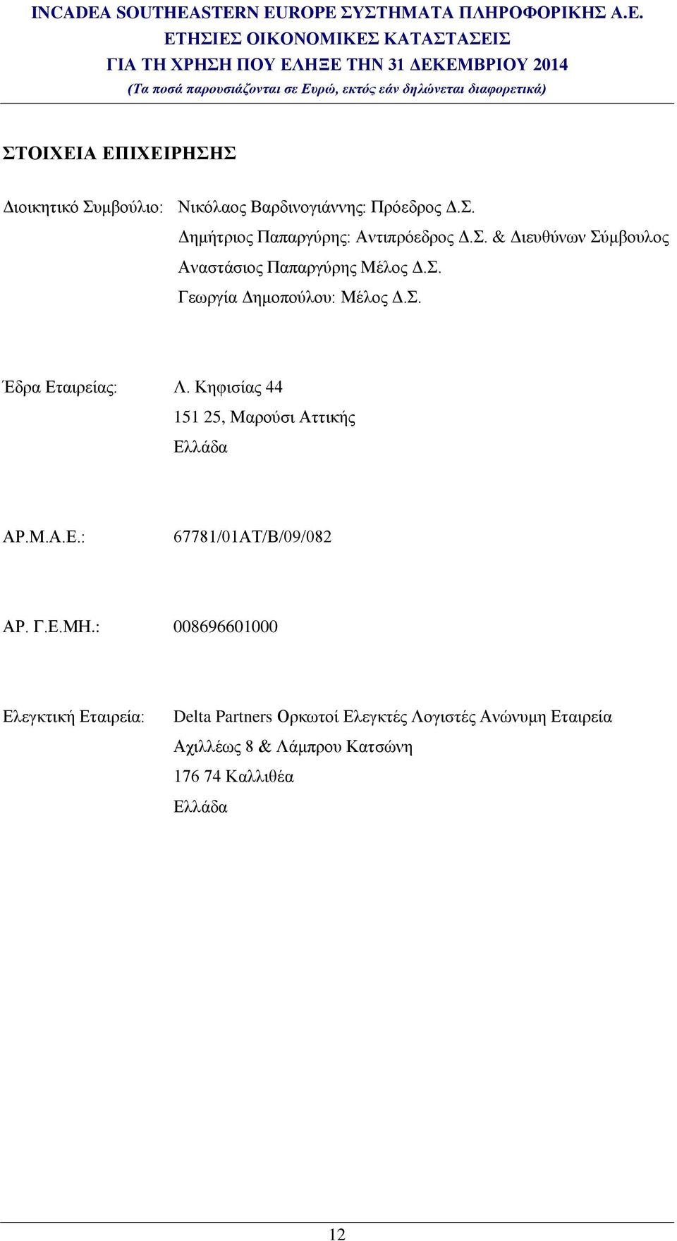 Κηφισίας 44 151 25, Μαρούσι Αττικής Ελλάδα ΑΡ.Μ.Α.Ε.: 67781/01ΑΤ/Β/09/082 ΑΡ. Γ.Ε.ΜΗ.