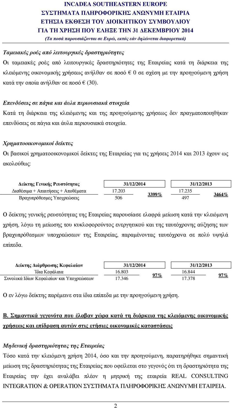 Επενδύσεις σε πάγια και άυλα περιουσιακά στοιχεία Κατά τη διάρκεια της κλειόμενης και της προηγούμενης χρήσεως δεν πραγματοποιηθήκαν επενδύσεις σε πάγια και άυλα περιουσιακά στοιχεία.