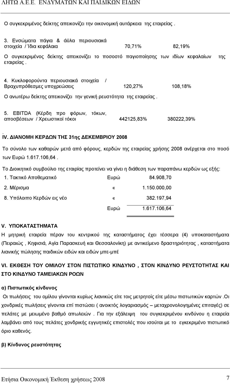 Κυκλοφορούντα περιουσιακά στοιχεία / Βραχυπρόθεσμες υποχρεώσεις 120,27% 108,18% Ο ανωτέρω δείκτης απεικονίζει την γενική ρευστότητα της εταιρείας. 5.