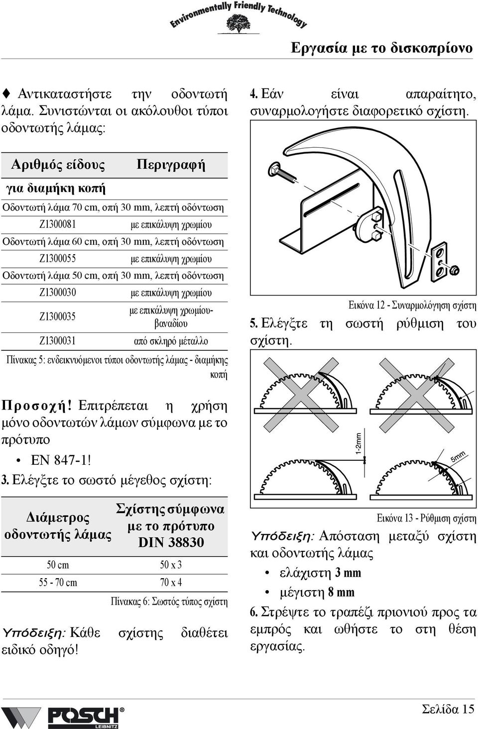 Οδοντωτή λάµα 50 cm, οπή 30 mm, λεπτή οδόντωση Z1300030 Z1300035 Z1300031 µε επικάλυψη χρωµίου µε επικάλυψη χρωµίουβαναδίου από σκληρό µέταλλο Πίνακας 5: ενδεικνυόµενοι τύποι οδοντωτής λάµας -