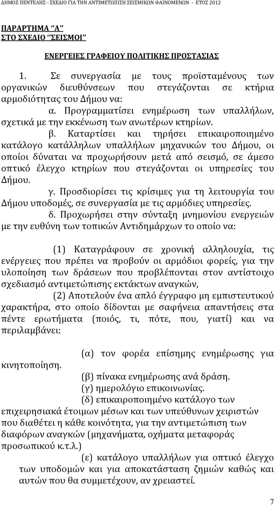 Καταρτίσει και τηρήσει επικαιροποιημένο κατάλογο κατάλληλων υπαλλήλων μηχανικών του Δήμου, οι οποίοι δύναται να προχωρήσουν μετά από σεισμό, σε άμεσο οπτικό έλεγχο κτηρίων που στεγάζονται οι