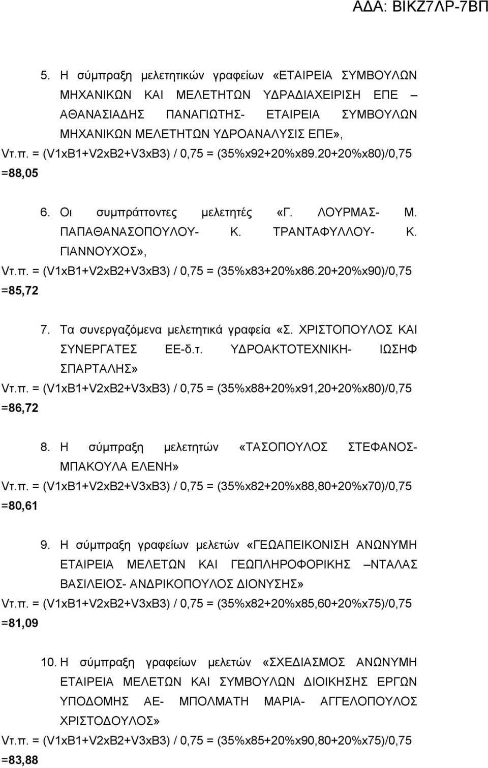 Τα συνεργαζόμενα μελετητικά γραφεία «Σ. ΧΡΙΣΤΟΠΟΥΛΟΣ ΚΑΙ ΣΥΝΕΡΓΑΤΕΣ ΕΕ-δ.τ. ΥΔΡΟΑΚΤΟΤΕΧΝΙΚΗ- ΙΩΣΗΦ ΣΠΑΡΤΑΛΗΣ» Vτ.π. = (V1xB1+V2xB2+V3xB3) / 0,75 = (35%x88+20%x91,20+20%x80)/0,75 =86,72 8.