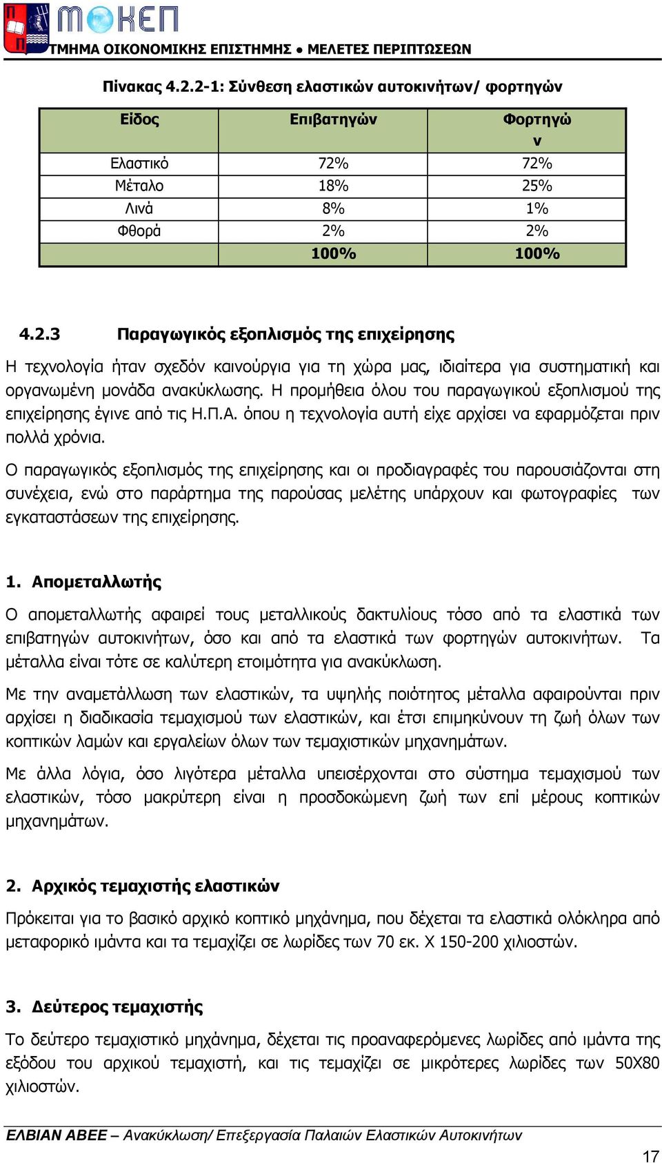 Ο παραγωγικός εξοπλισµός της επιχείρησης και οι προδιαγραφές του παρουσιάζονται στη συνέχεια, ενώ στο παράρτηµα της παρούσας µελέτης υπάρχουν και φωτογραφίες των εγκαταστάσεων της επιχείρησης. 1.