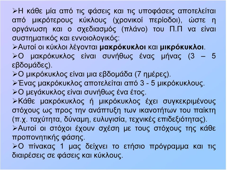 Ο μικρόκυκλος είναι μια εβδομάδα (7 ημέρες). Ένας μακρόκυκλος αποτελείται από 3-5 μικρόκυκλους. Ο μεγάκυκλος είναι συνήθως ένα έτος.