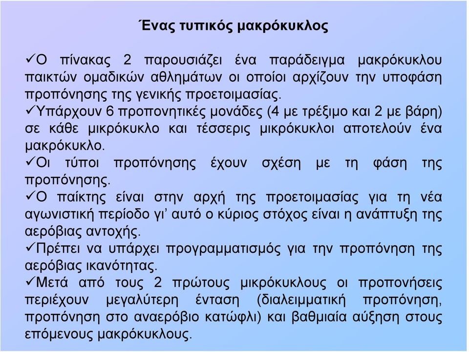 Ο παίκτης είναι στην αρχή της προετοιμασίας για τη νέα αγωνιστική περίοδο γι αυτό ο κύριος στόχος είναι η ανάπτυξη της αερόβιας αντοχής.