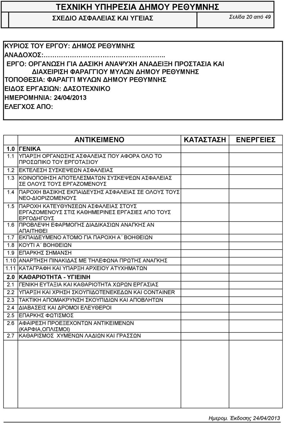 ΑΝΣΙΚΔΙΜΔΝΟ ΚΑΣΑΣΑΗ ΔΝΔΡΓΔΙΔ 1.0 ΓΔΝΙΚΑ 1.1 ΤΠΑΡΞΖ ΟΡΓΑΝΧΖ ΑΦΑΛΔΗΑ ΠΟΤ ΑΦΟΡΑ ΟΛΟ ΣΟ ΠΡΟΧΠΗΚΟ ΣΟΤ ΔΡΓΟΣΑΞΗΟΤ 1.2 ΔΚΣΔΛΔΖ ΤΚΔΦΔΧΝ ΑΦΑΛΔΗΑ 1.