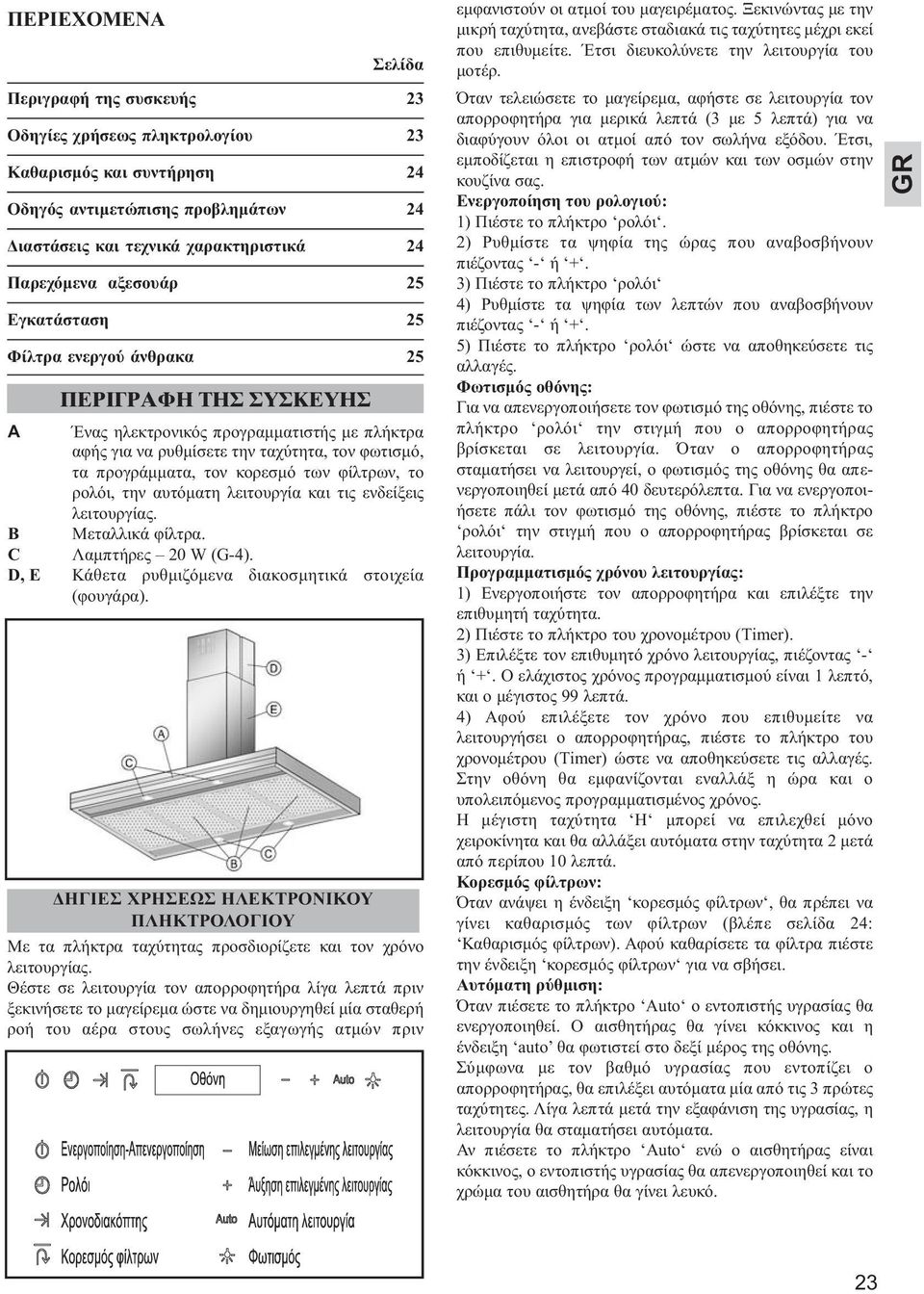 των φίλτρων, το ρολόι, την αυτόματη λειτουργία και τις ενδείξεις λειτουργίας. B Μεταλλικά φίλτρα. C Λαμπτήρες 20 W (G-4). D, E Κάθετα ρυθμιζόμενα διακοσμητικά στοιχεία (φουγάρα).