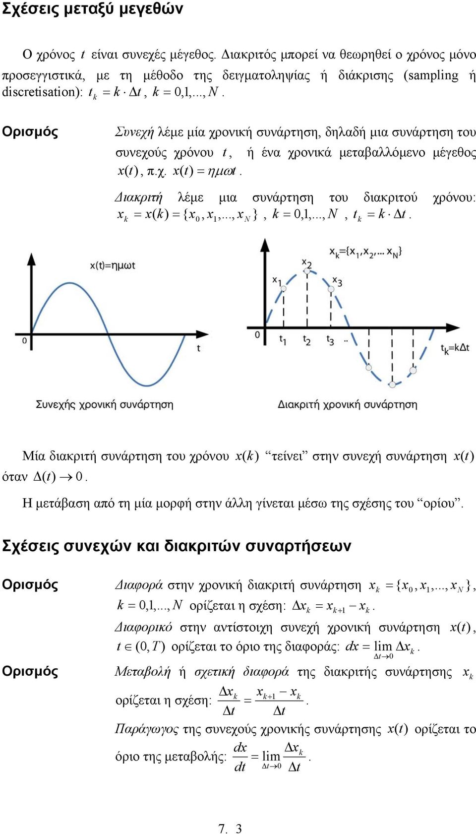 () τείνει στην σνεχή σνάρτηση () όταν ( ) Η µετάβαση από τη µία µορφή στην άλλη γίνεται µέσω της σχέσης το ορίο Σχέσεις σνεχών και διακριτών σναρτήσεων ιαφορά στην χρονική διακριτή σνάρτηση,,, },