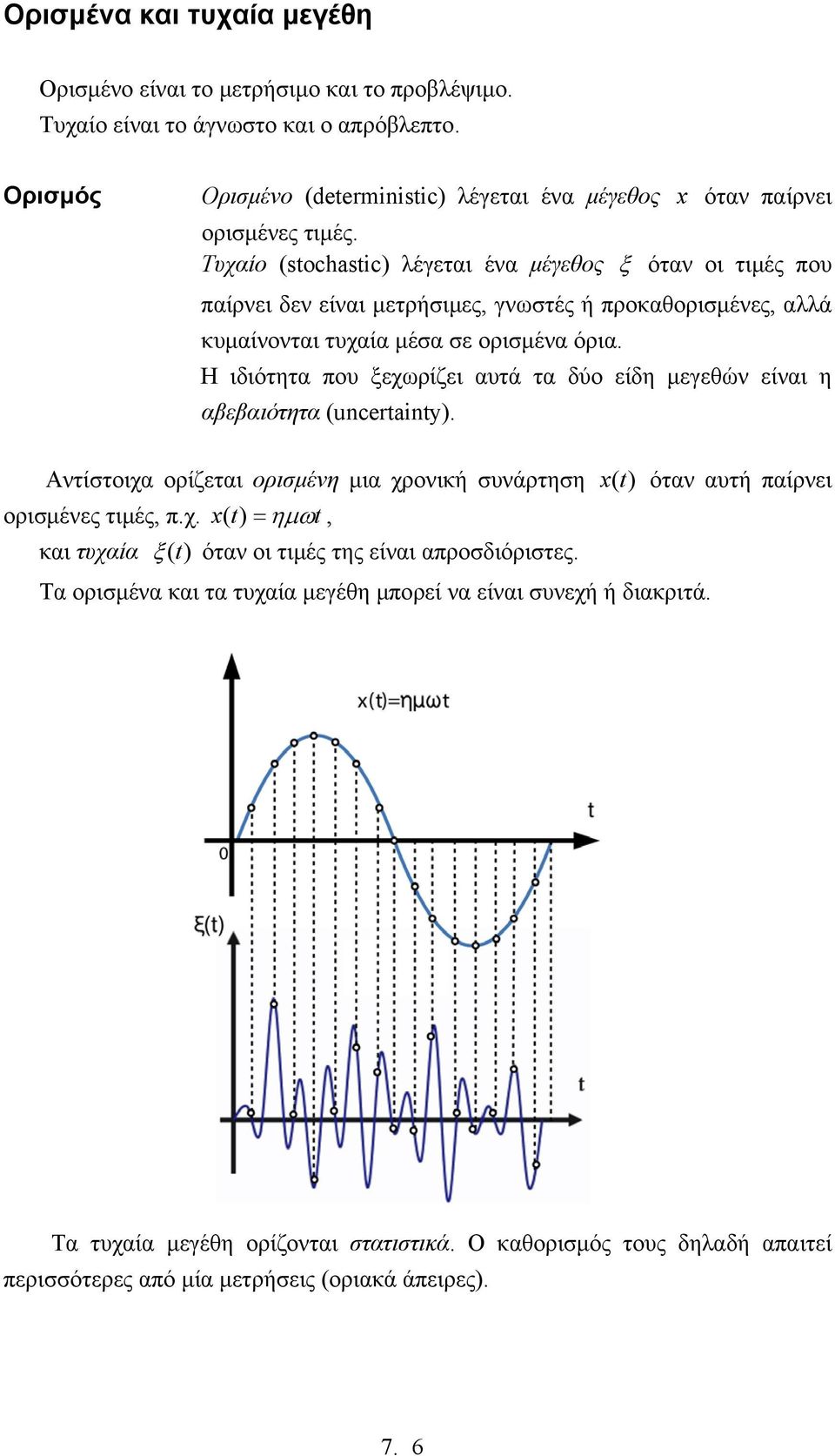 είδη µεγεθών είναι η αβεβαιότητα (uncerain) Αντίστοιχα ορίζεται ορισµένη µια χρονική σνάρτηση () όταν ατή παίρνει ορισµένες τιµές, πχ ( ) ηµω, και τχαία ξ () όταν οι τιµές της είναι