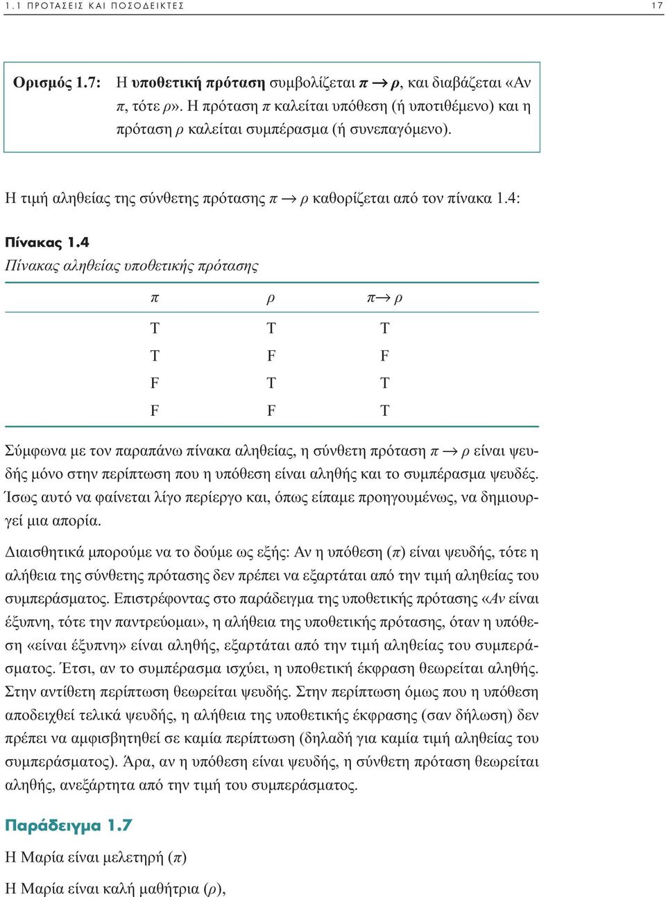 4 Πίνακας αληθείας υποθετικής πρότασης π ρ πæ ρ Τ T T T F F F T T F F T Σύµφωνα µε τον παραπάνω πίνακα αληθείας, η σύνθετη πρόταση π Æ ρ είναι ψευδής µόνο στην περίπτωση που η υπόθεση είναι αληθής