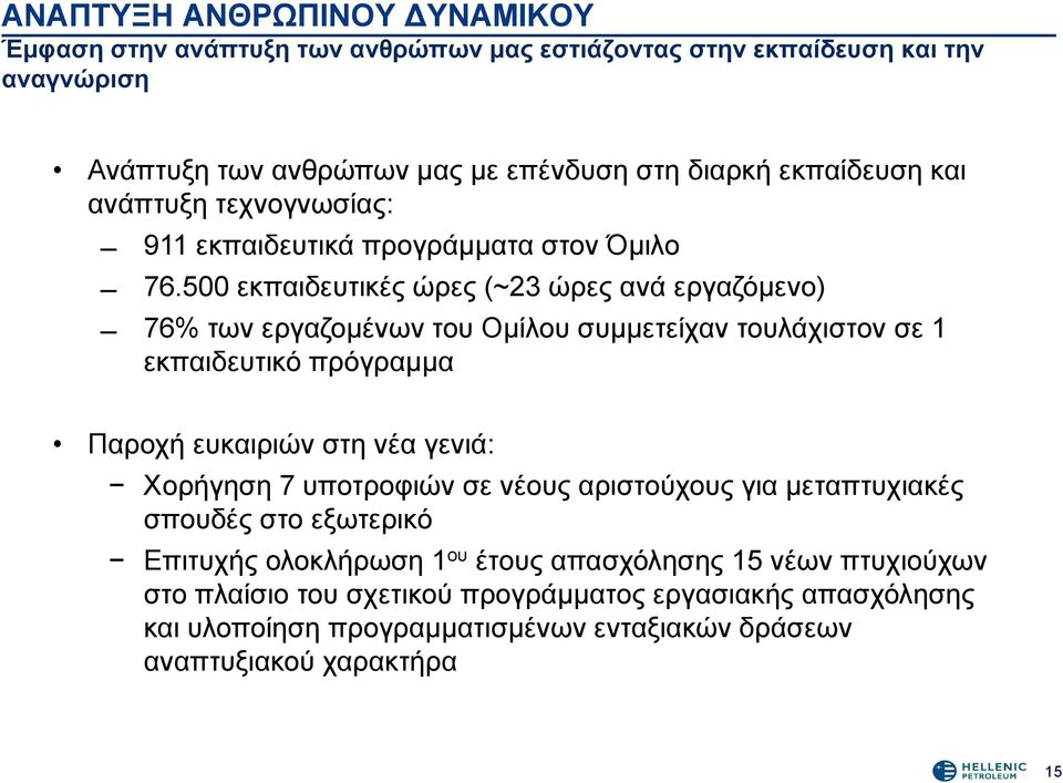 500 εκπαιδευτικές ώρες (~23 ώρες ανά εργαζόμενο) 76% των εργαζομένων του Ομίλου συμμετείχαν τουλάχιστον σε 1 εκπαιδευτικό πρόγραμμα Παροχή ευκαιριών στη νέα γενιά: Χορήγηση