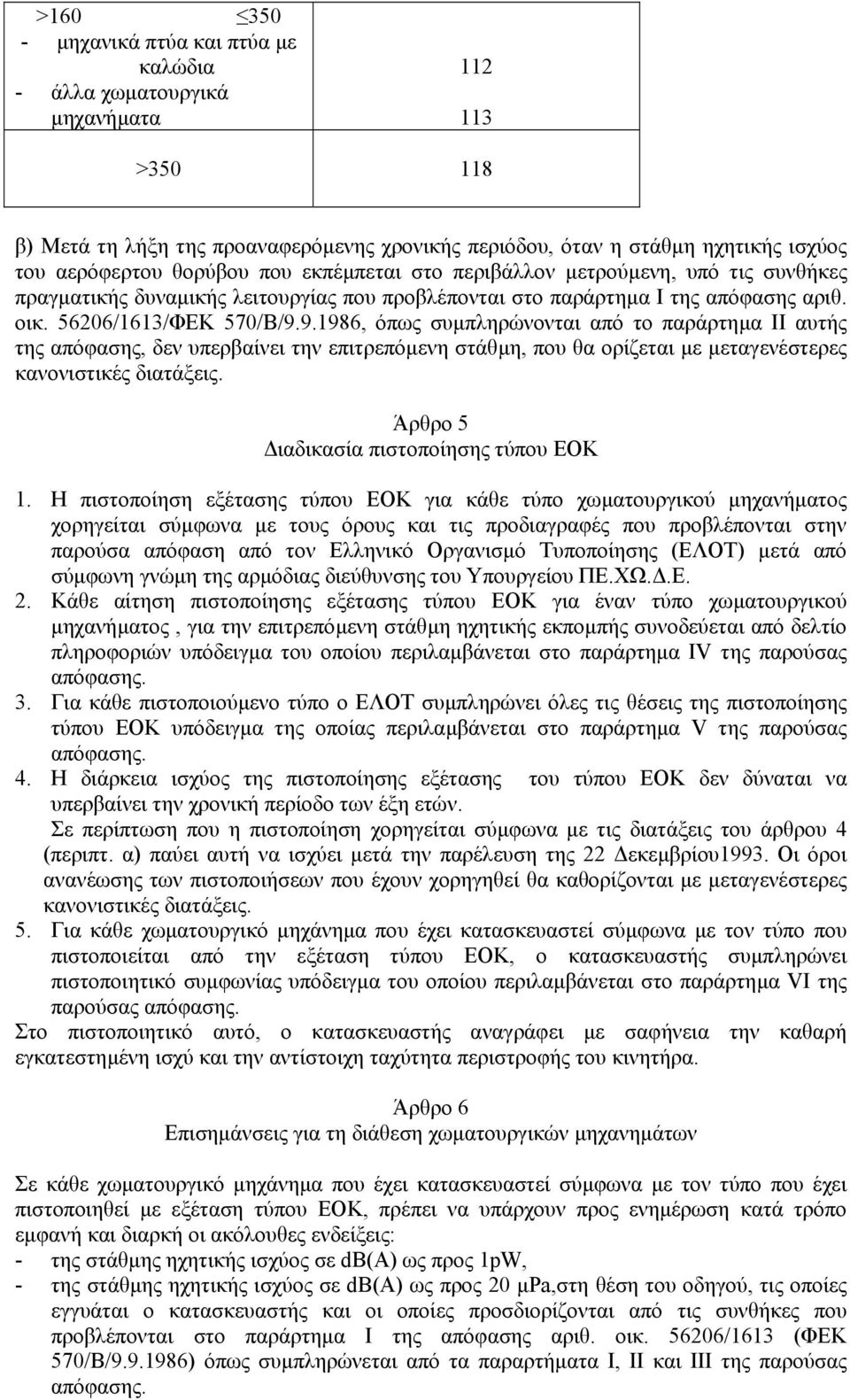 9.1986, όπως συµπληρώνονται από το παράρτηµα ΙΙ αυτής της απόφασης, δεν υπερβαίνει την επιτρεπόµενη στάθµη, που θα ορίζεται µε µεταγενέστερες κανονιστικές διατάξεις.