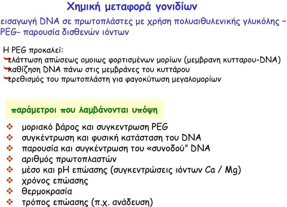 μεγαλομορίων παράμετροι που λαμβάνονται υπόψη μοριακό βάρος και συγκεντρωση PEG συγκέντρωση και φυσική κατάσταση του DNA παρουσία και