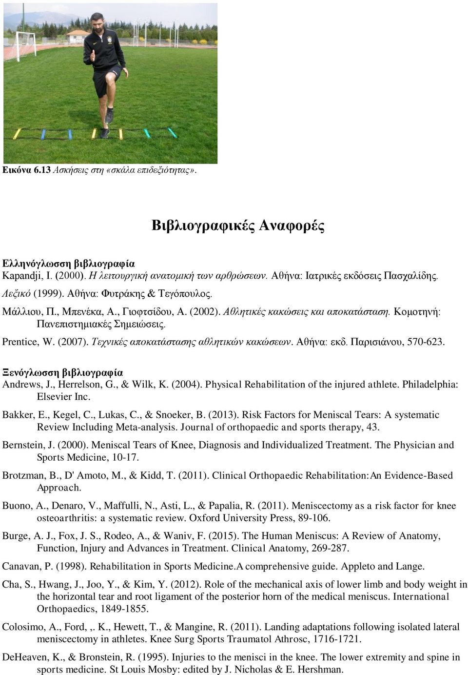 Τεχνικές αποκατάστασης αθλητικών κακώσεων. Αθήνα: εκδ. Παρισιάνου, 570-623. Ξενόγλωσση βιβλιογραφία Andrews, J., Herrelson, G., & Wilk, K. (2004). Physical Rehabilitation of the injured athlete.
