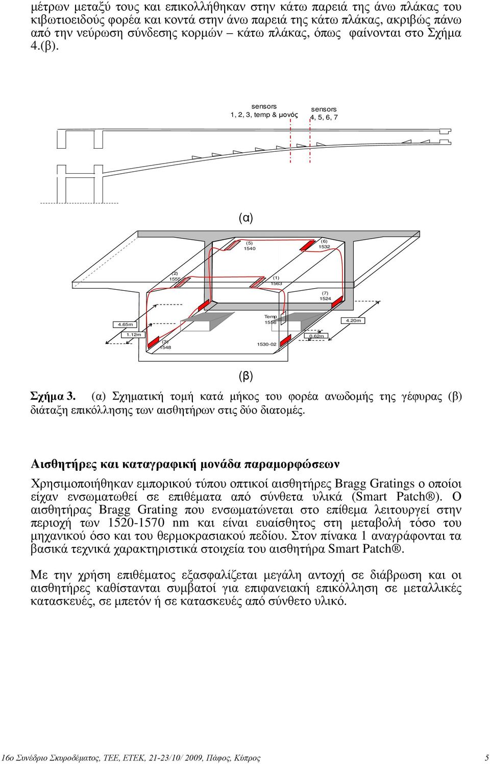 (α) Σχηµατική τοµή κατά µήκος του φορέα ανωδοµής της γέφυρας (β) διάταξη επικόλλησης των αισθητήρων στις δύο διατοµές.