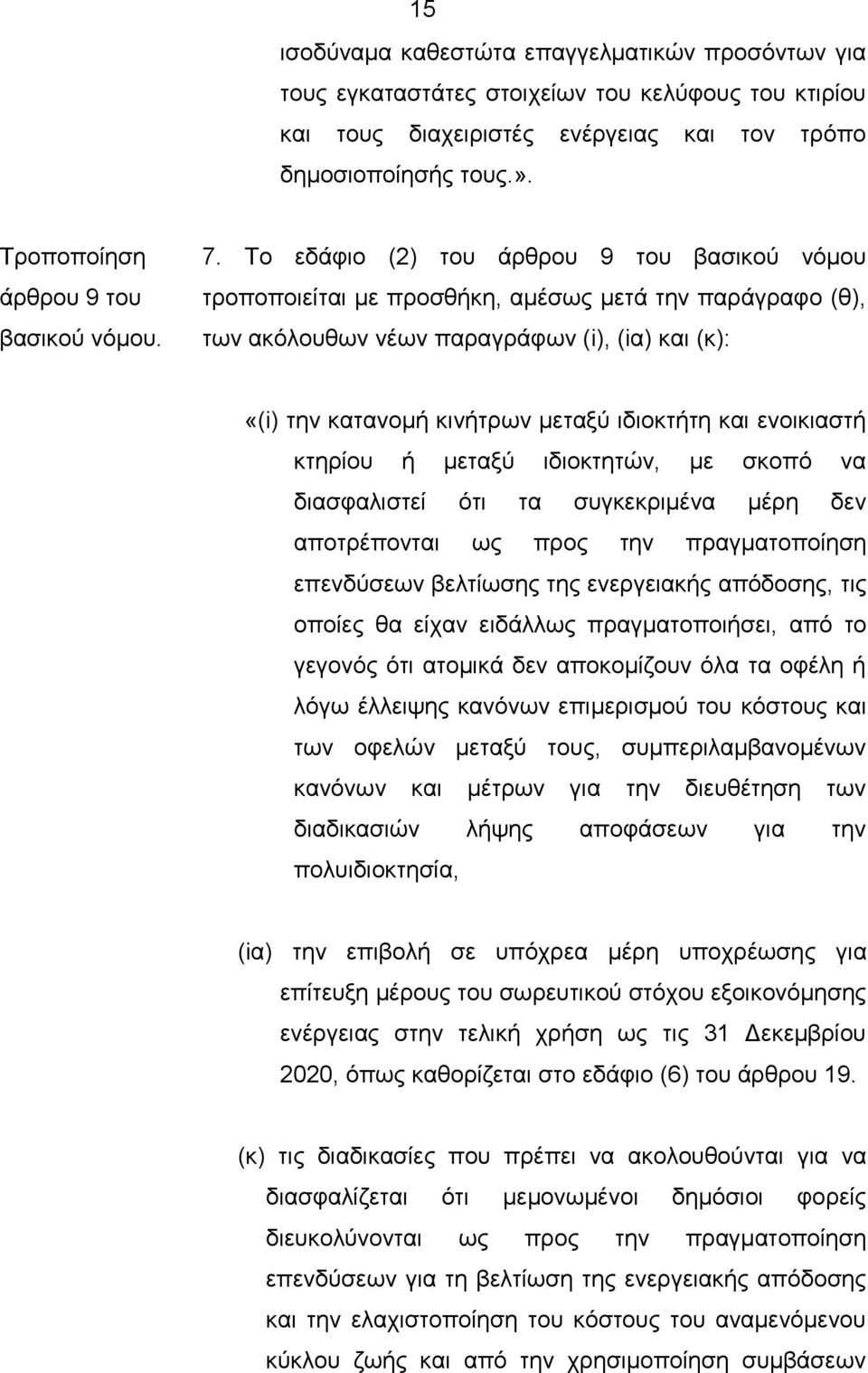 Το εδάφιο (2) του άρθρου 9 του βασικού νόμου τροποποιείται με προσθήκη, αμέσως μετά την παράγραφο (θ), των ακόλουθων νέων παραγράφων (i), (iα) και (κ): «(i) την κατανομή κινήτρων μεταξύ ιδιοκτήτη και